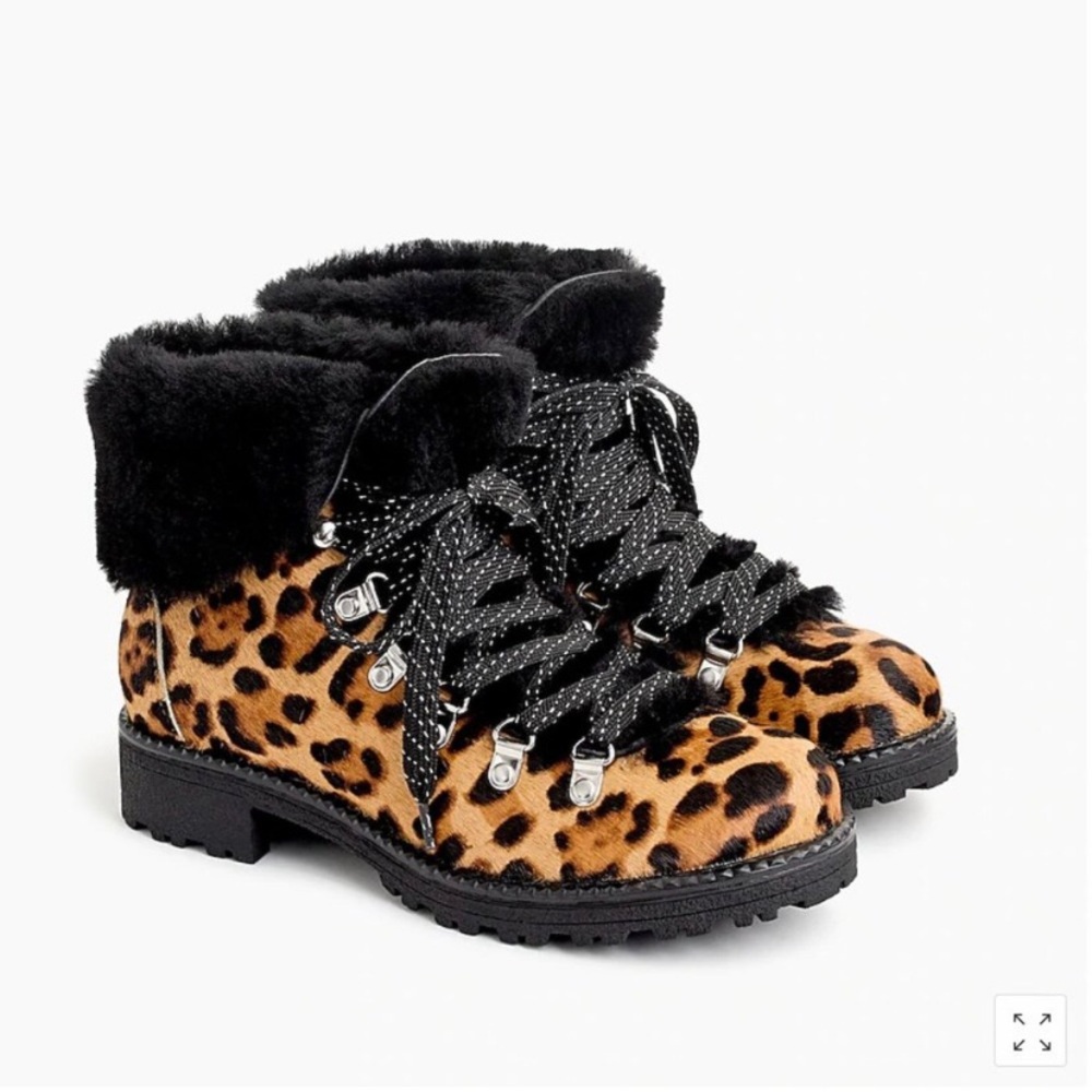 $248 J.Crew Nordic Leopard Print Calf Hair Shearling Hiking Moto Boots Size 7